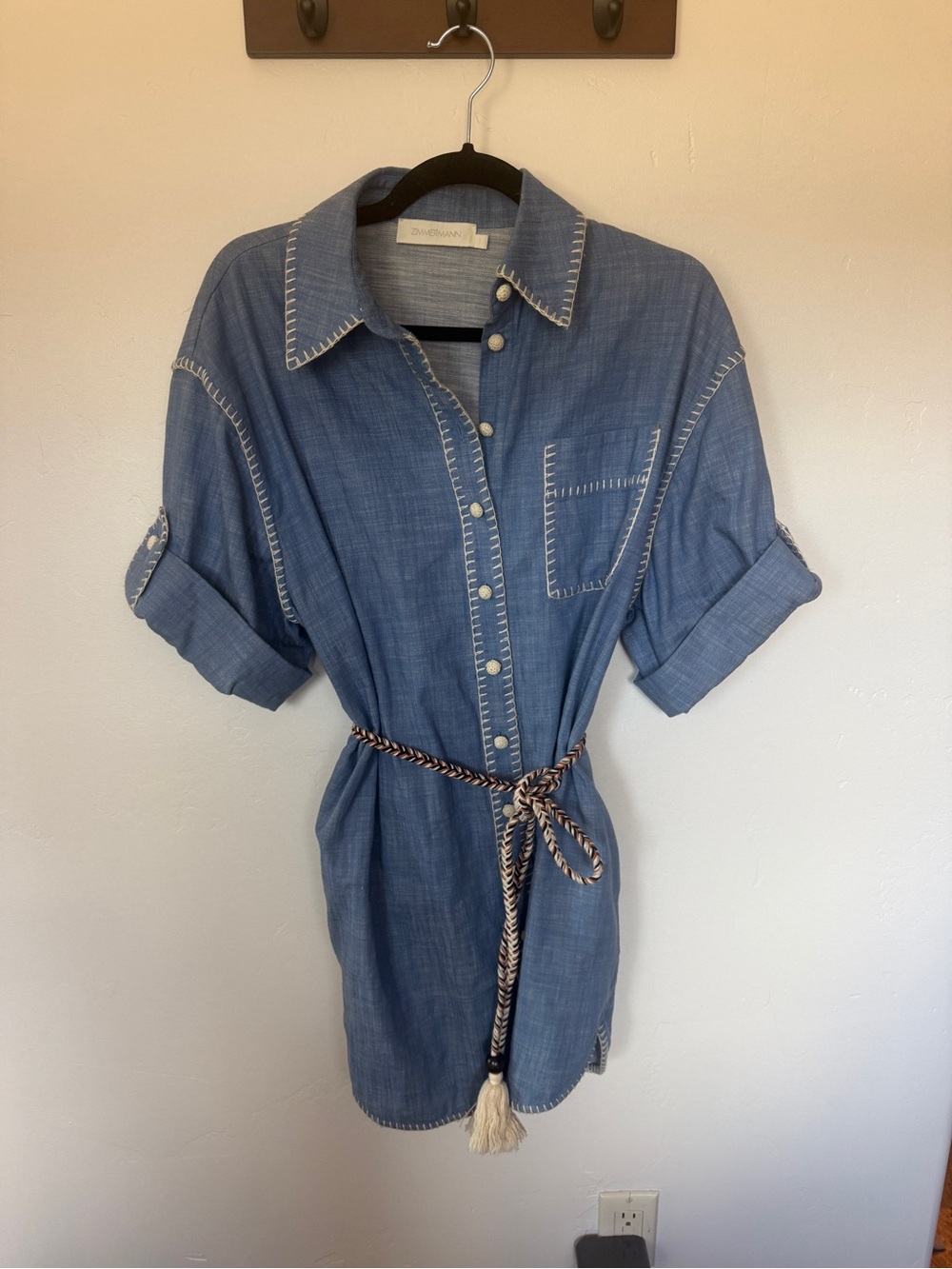 Zimmermann Blue Chambray Midi Shirt Dress with Braided Tassel Belt